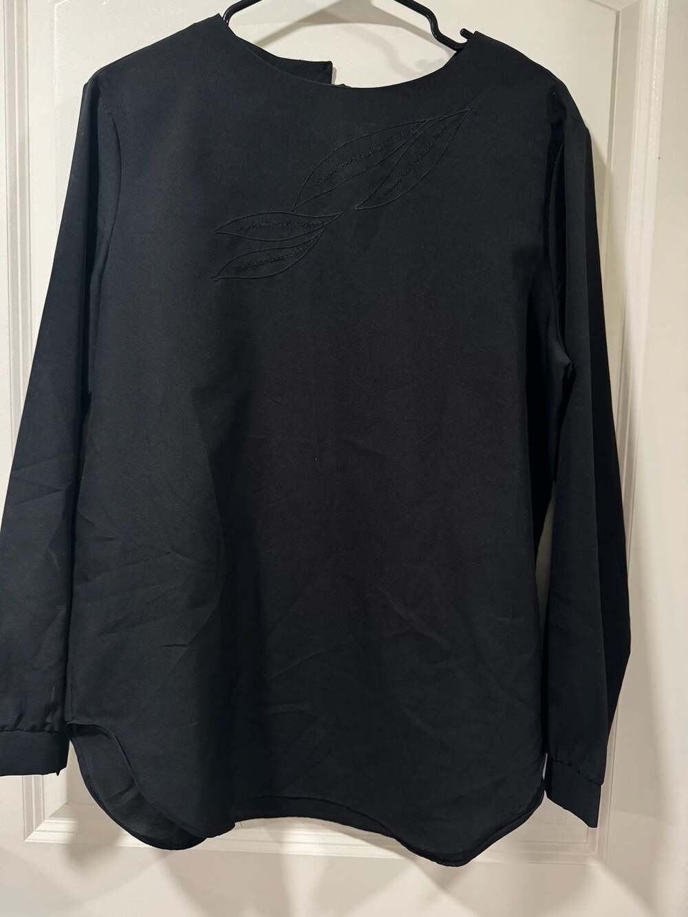 Vintage Black Minimalist Leaf Embroidered Blouse Quiet Luxury Chic